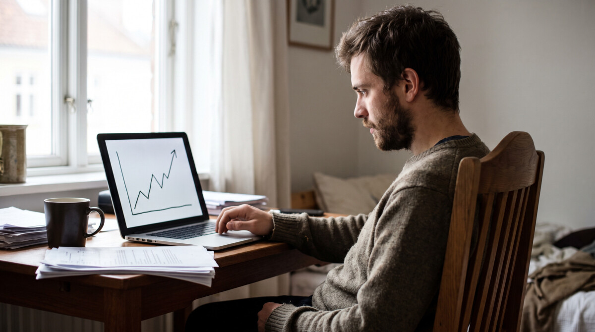 dollar-cost averaging man reviewing gradual upward trending investment chart on laptop at home desk with tea