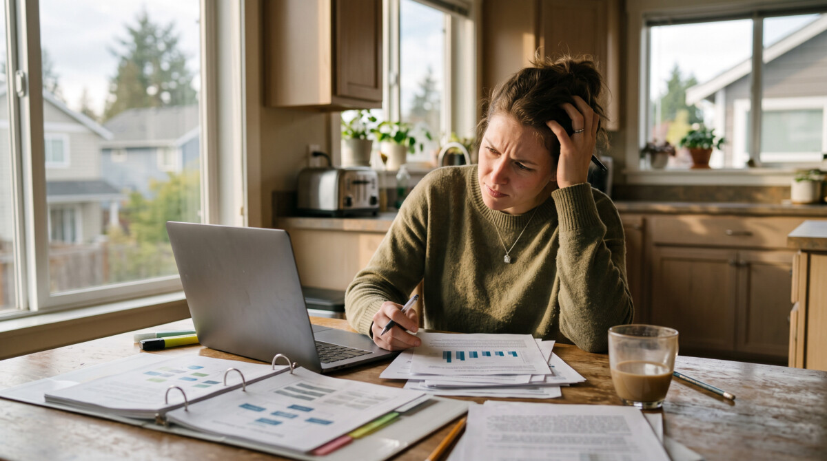 Common investing mistakes beginners make — woman overwhelmed by financial paperwork at kitchen table