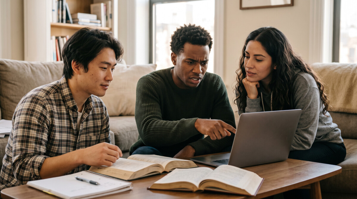 Common investing mistakes beginners make — group of beginner investors learning together around laptop