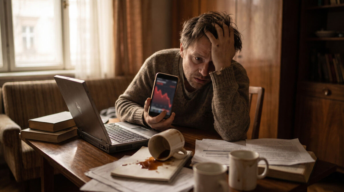 Common investing mistakes beginners make — frustrated young investor staring at declining portfolio on phone