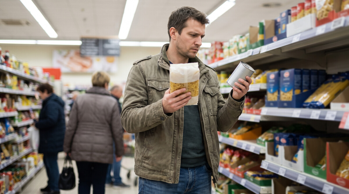 Small Everyday Decisions Are Where Budgets Are Won or Lost why your budget fails every month - man comparing items in grocery store making financial decision
