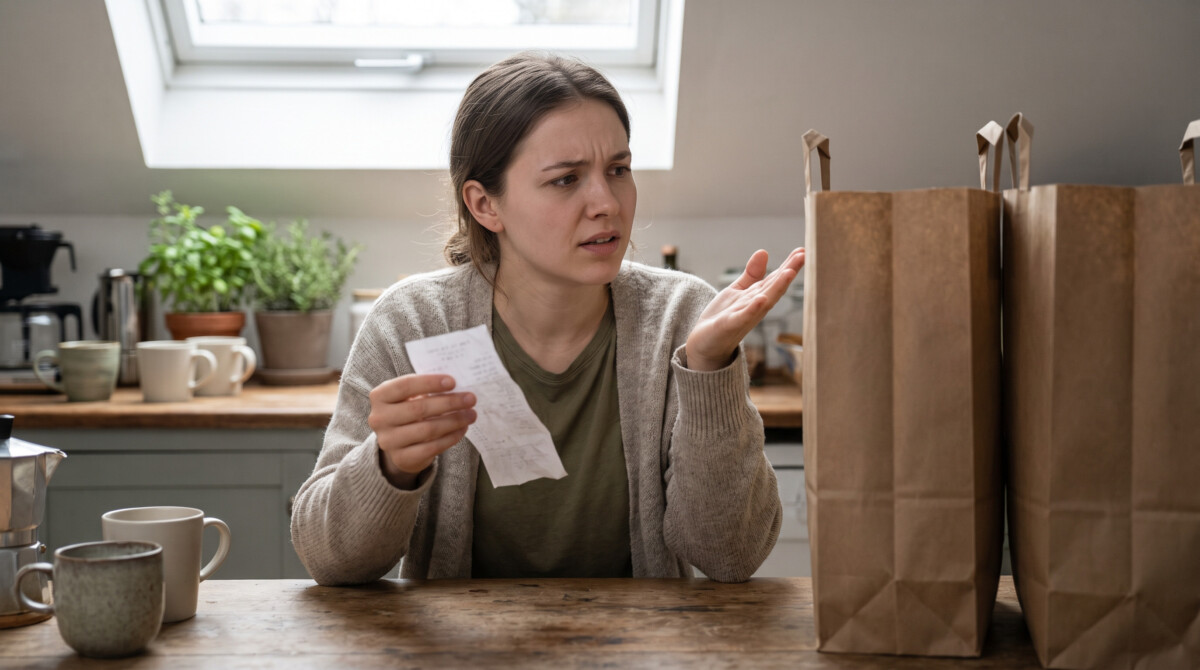 mental accounting bias shown by a woman comparing grocery bags and a receipt with a puzzled expression