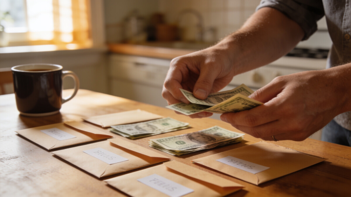 mental accounting bias illustrated by hands sorting cash into separate labeled envelopes on a kitchen table