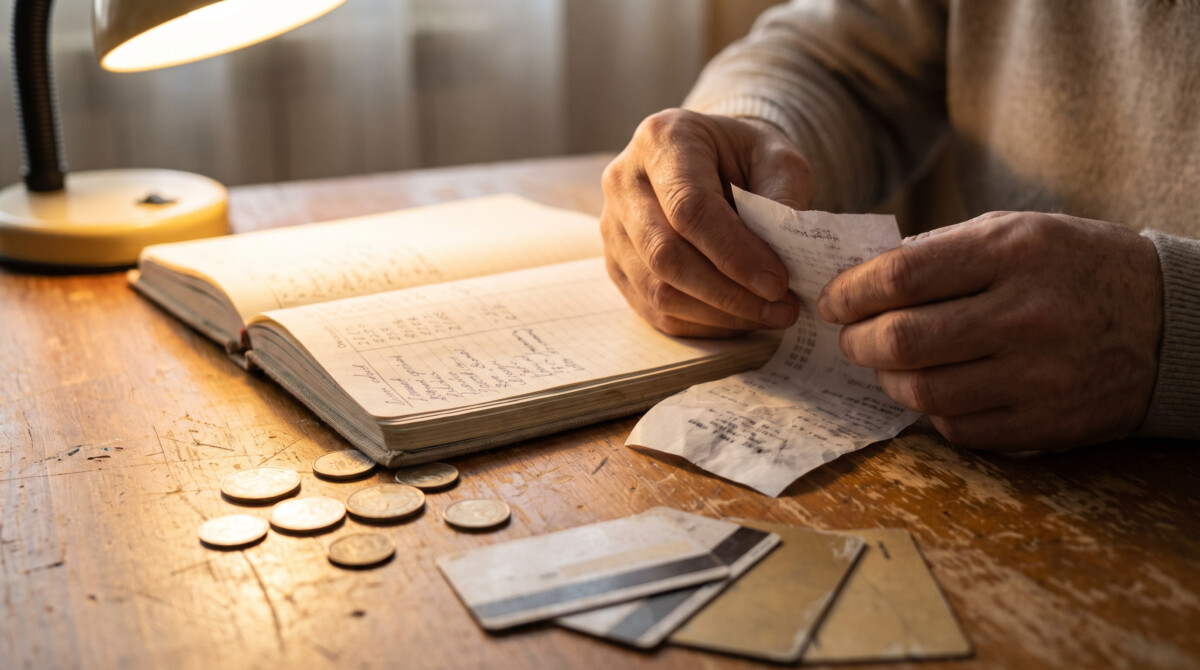 hands reviewing receipt next to handwritten budget notebook to identify emotional spending triggers
