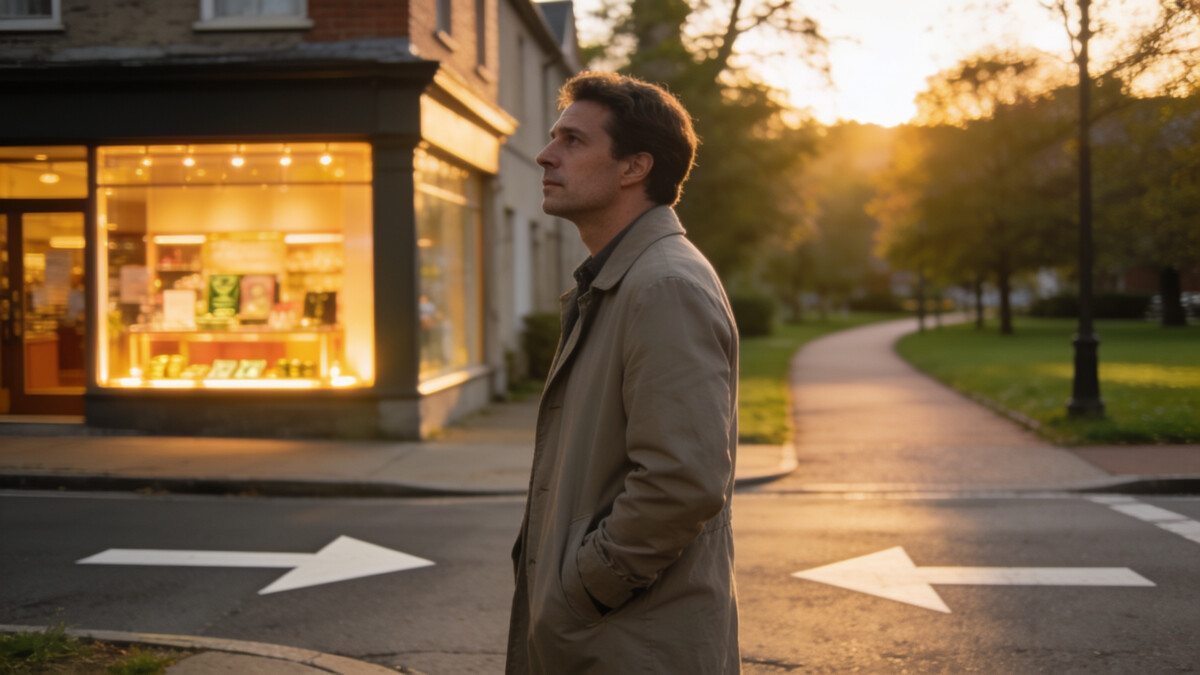 man standing at crossroads facing emotional spending triggers decision between store and park
