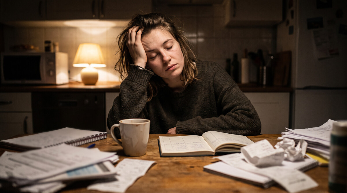 budget burnout exhaustion at kitchen table with scattered receipts and paperwork at night