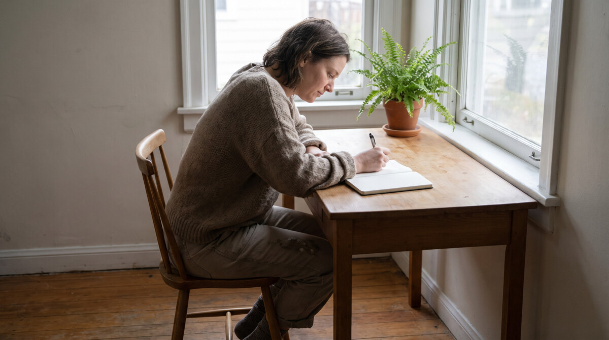 budget burnout recovery person writing in notebook at bright desk calm intentional fresh start