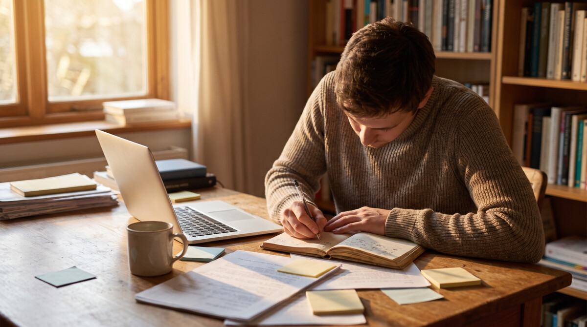 freelancer working to find first freelance client at home desk with laptop and notebook