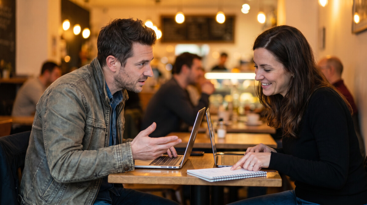 freelance pricing negotiation conversation with client at coffee shop