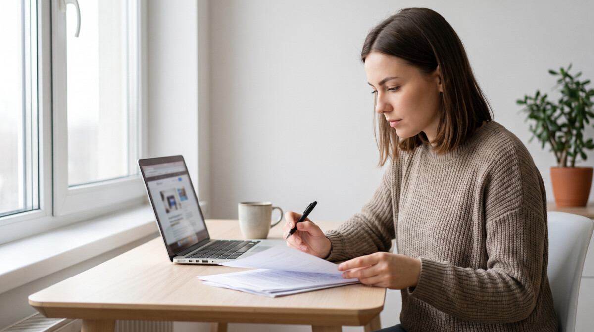 freelance contract beginner reviewing agreement at home office desk