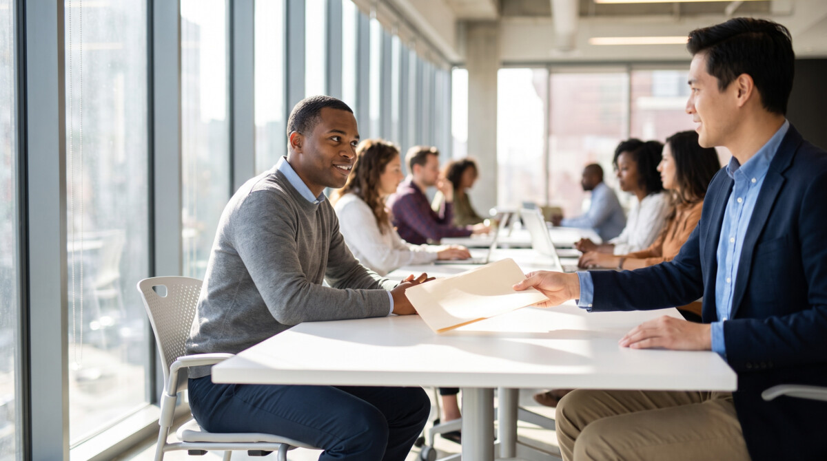 freelance contract handoff between two professionals at co-working space