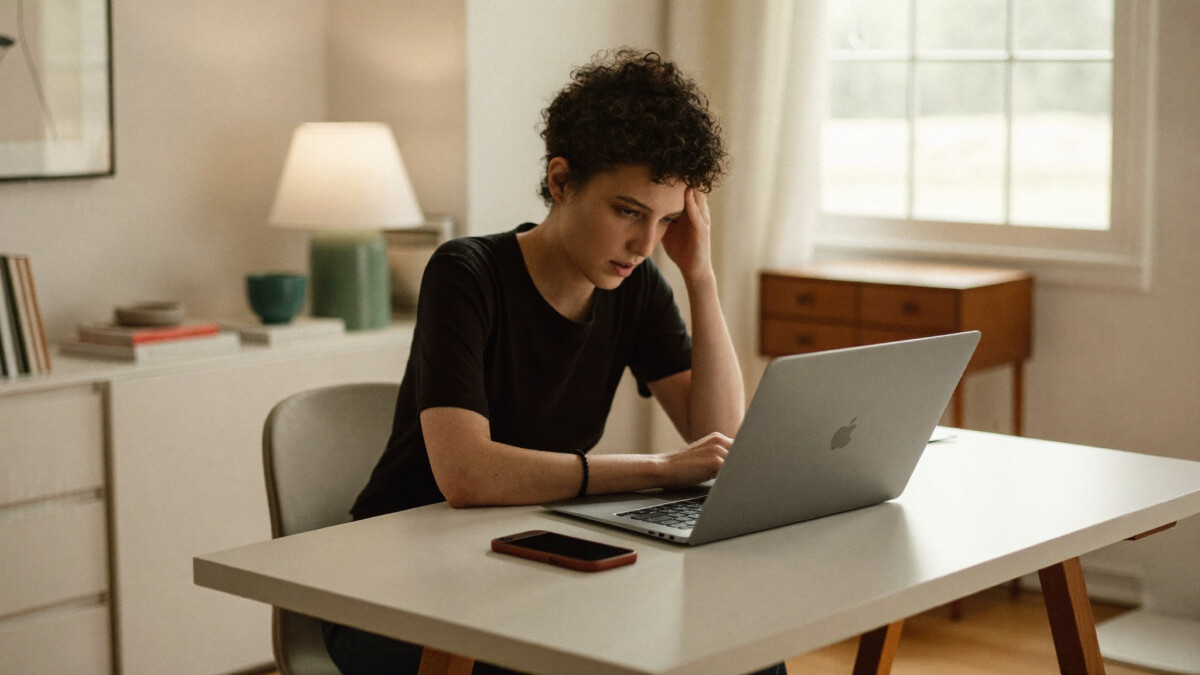 freelance scope creep - stressed freelancer resting head on hand at a home desk