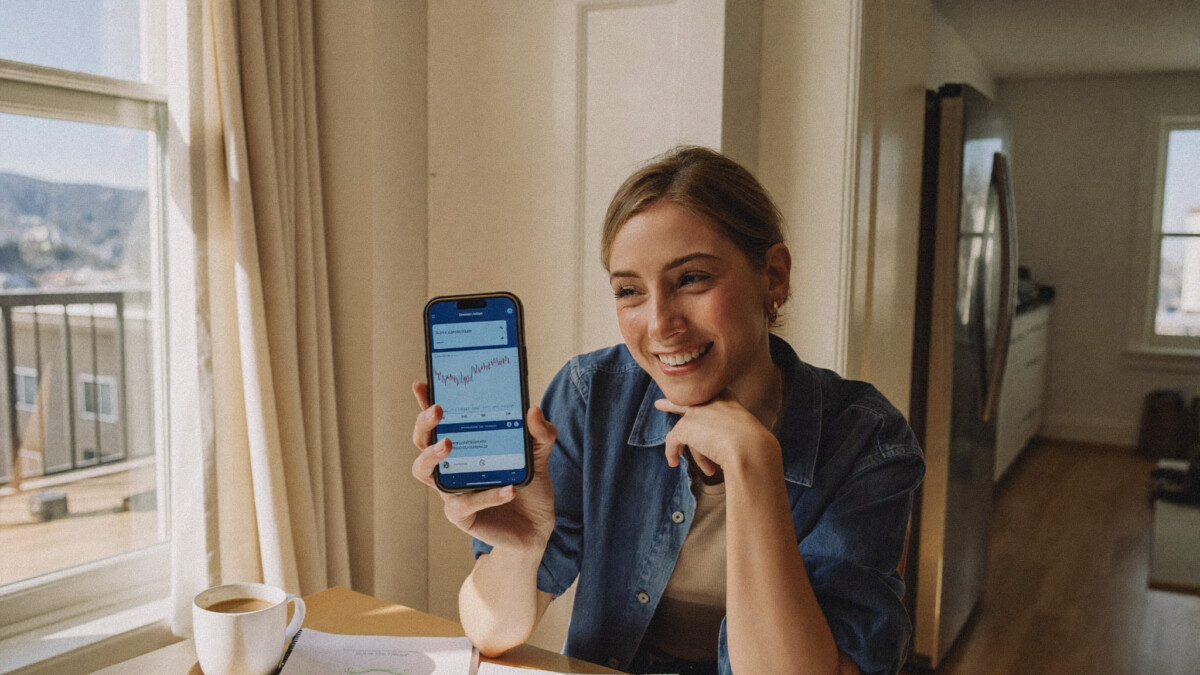Woman at her kitchen table deciding how to invest $500 using a phone app