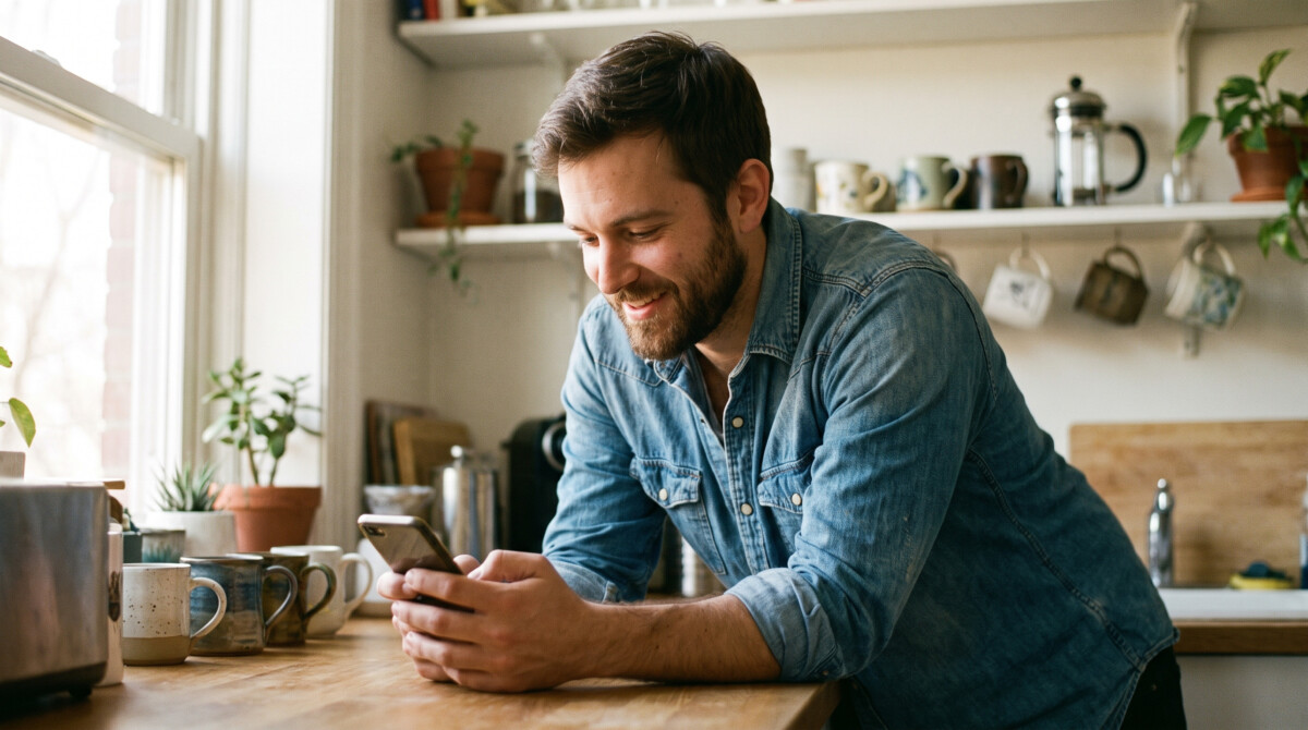 asset allocation by age — young man checking investments on smartphone in morning light