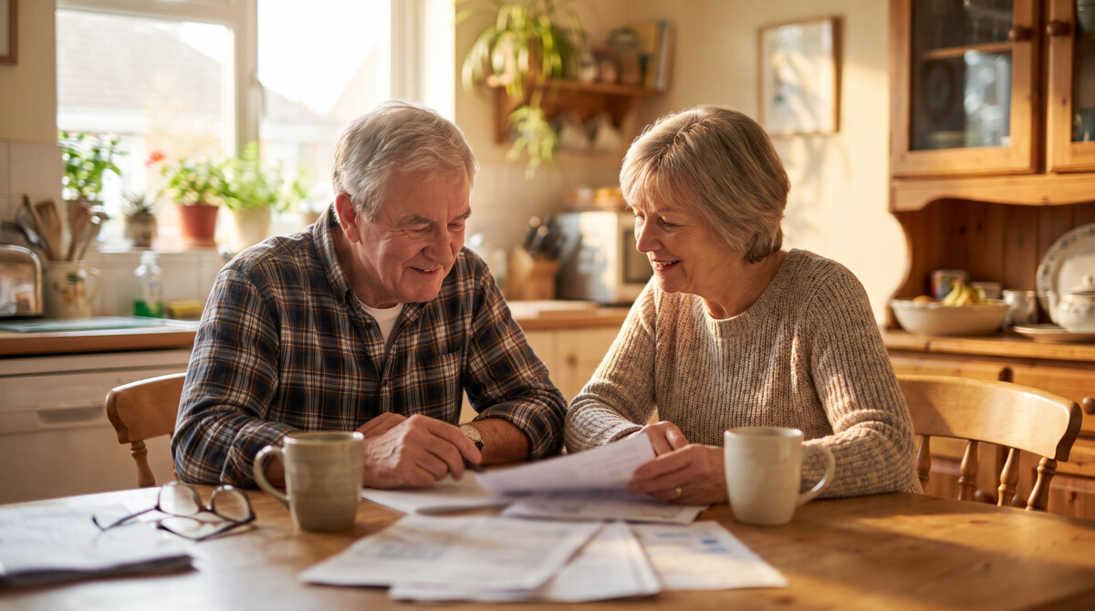 asset allocation by age — older American couple reviewing retirement documents together at kitchen table