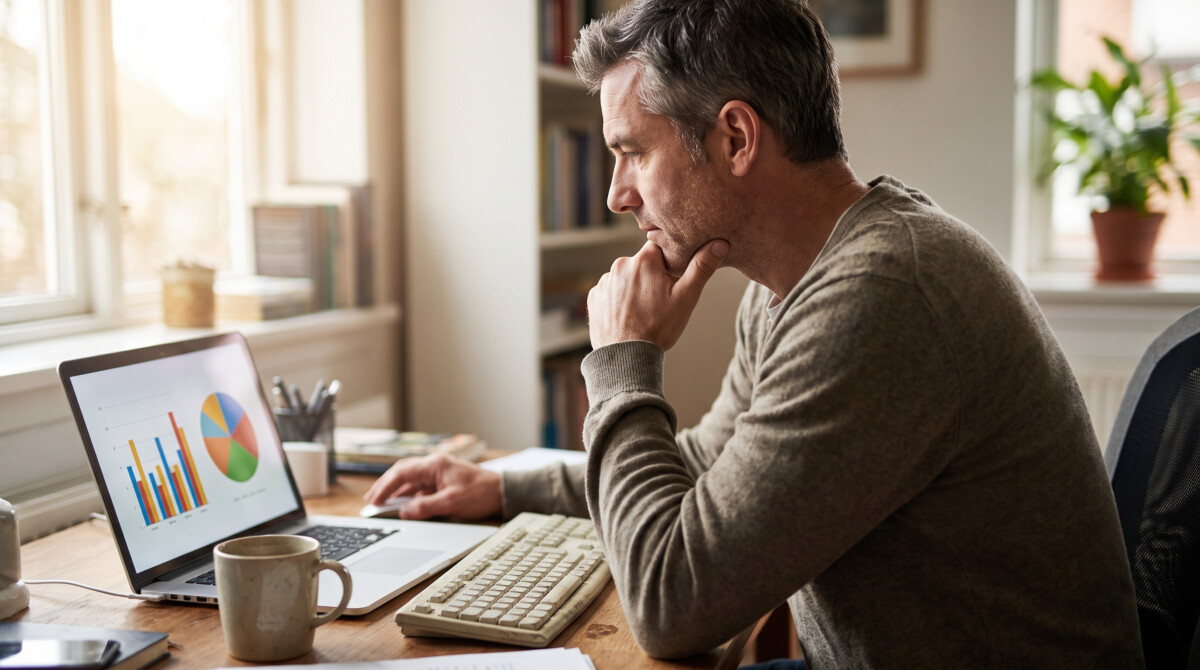 asset allocation by age — man reviewing portfolio on laptop at home office
