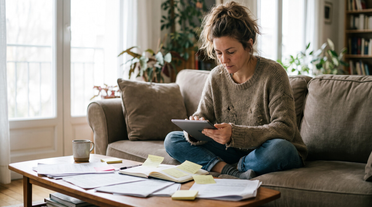 asset allocation by age — woman reviewing financial documents at home on tablet