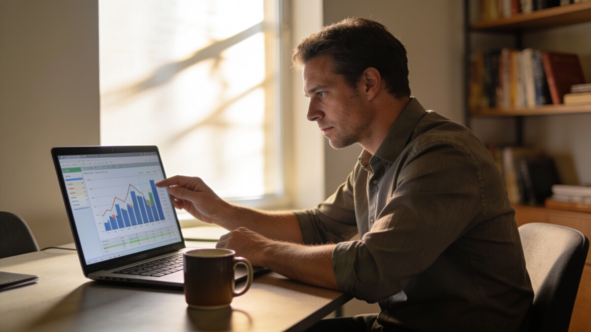 value investing vs growth investing — man analyzing financial charts at home office desk