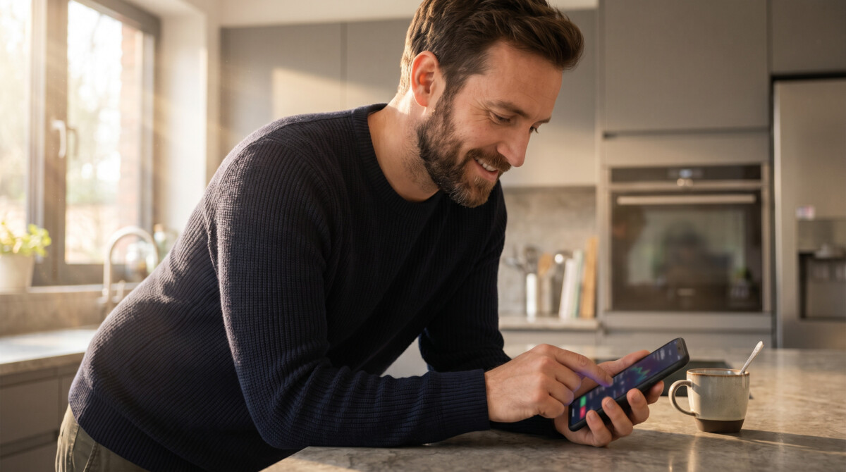 how to rebalance your portfolio without triggering unnecessary taxes — man checking financial app on phone in kitchen