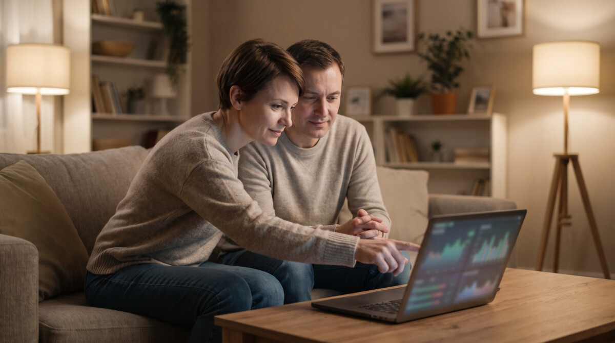 how to rebalance your portfolio without triggering unnecessary taxes — couple reviewing financial charts together on laptop