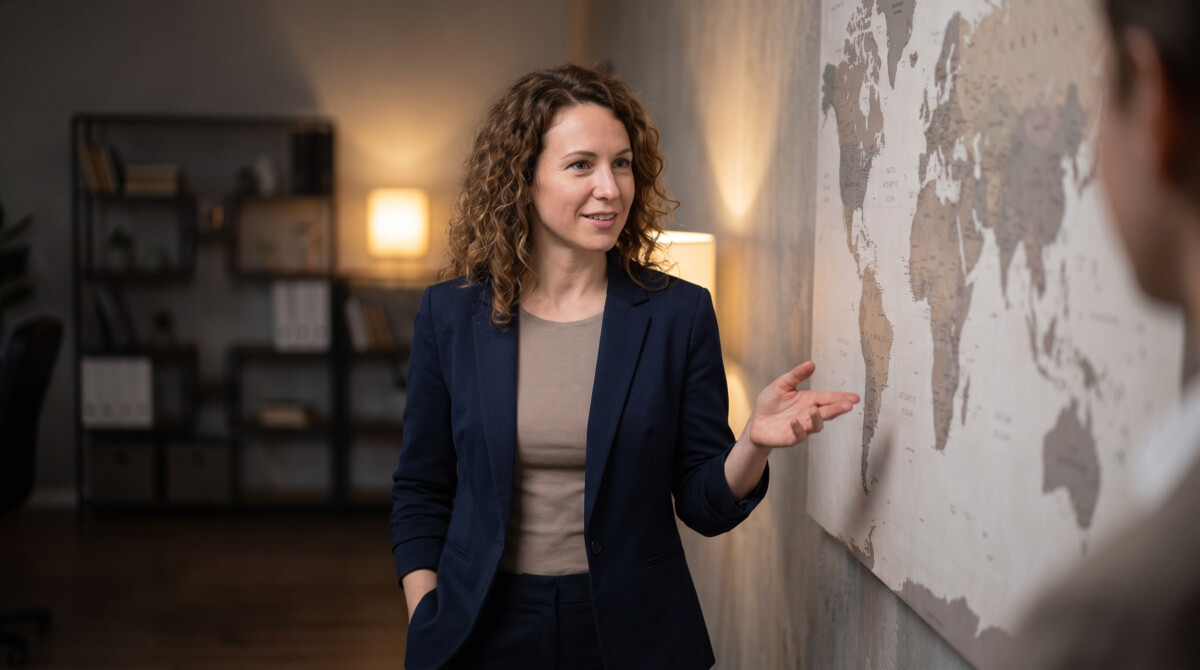 American woman identifying international investing regions on world map for portfolio diversification