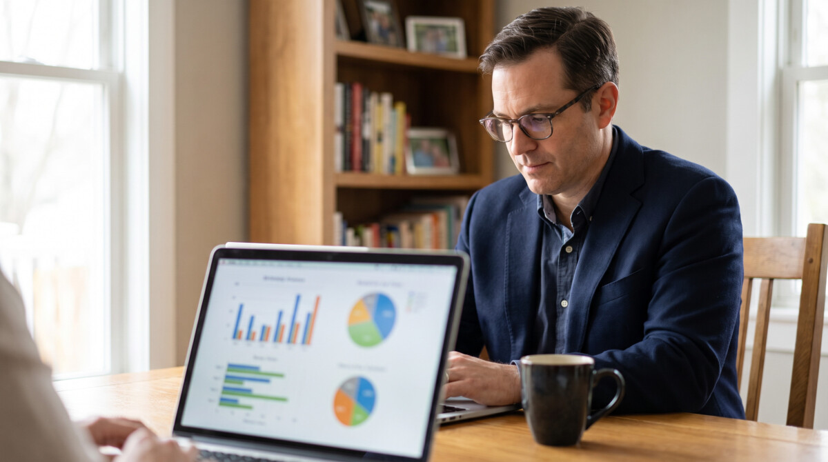 American investor reviewing international investing diversification strategy on laptop at home