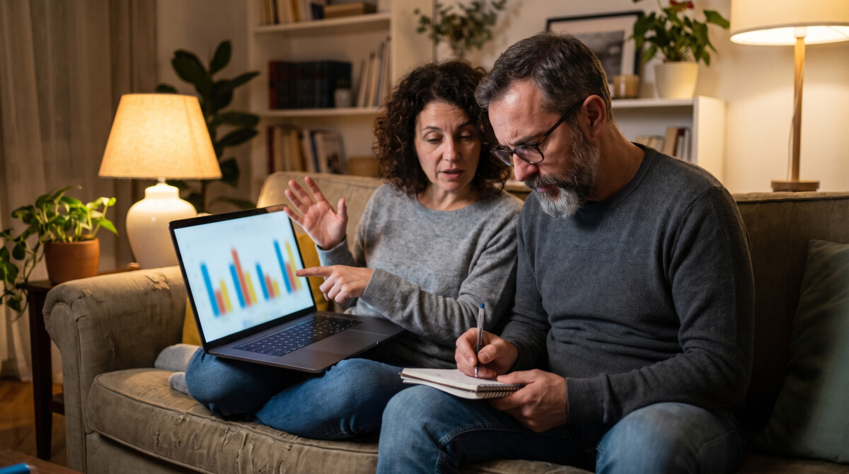 Couple discussing sector ETF vs total market fund allocation together at home