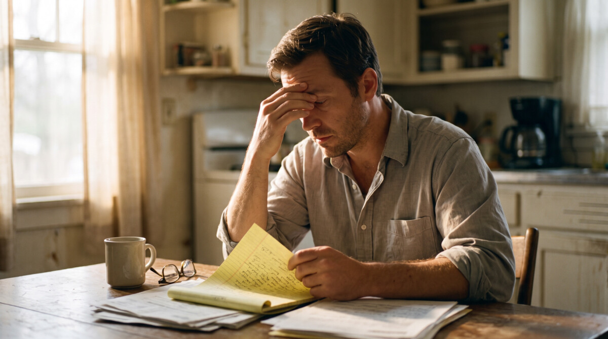 Investor reviewing sector ETF research and portfolio statements at a kitchen table