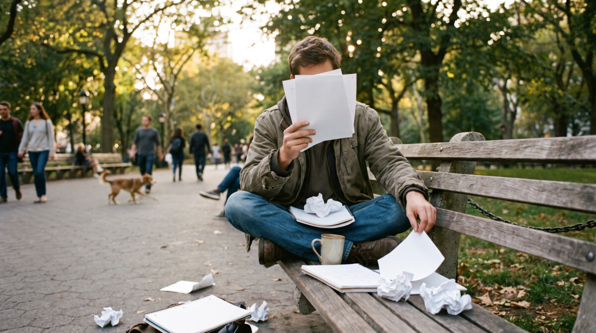 Young investor reviewing sector ETF research papers on a park bench in sunlight