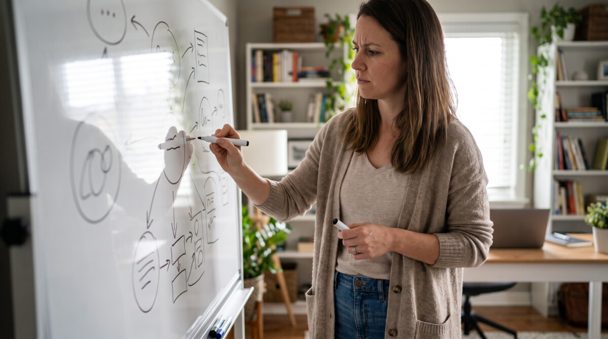 Woman planning sector ETF portfolio allocation on a whiteboard at home office