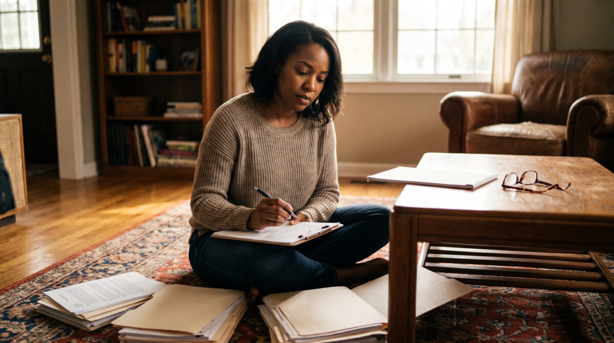 how to invest during a recession - woman reviewing financial documents with calm determination