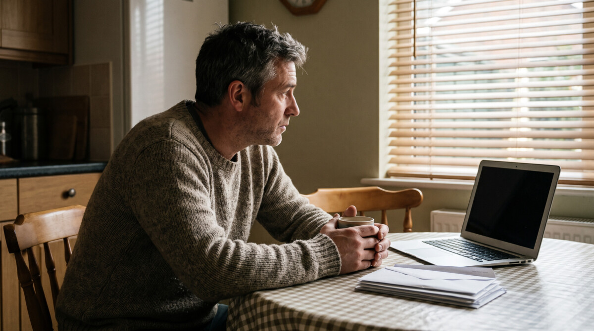 how to invest during a recession - man at kitchen table looking at finances with thoughtful concern
