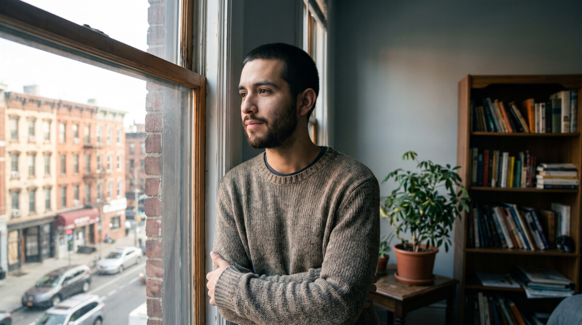 how to invest during a recession - young man looking out window with patient hopeful expression